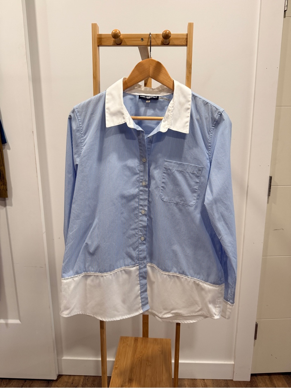 Karl Lagerfeld Blue & White Striped Women's Blouse with Contrast Trim